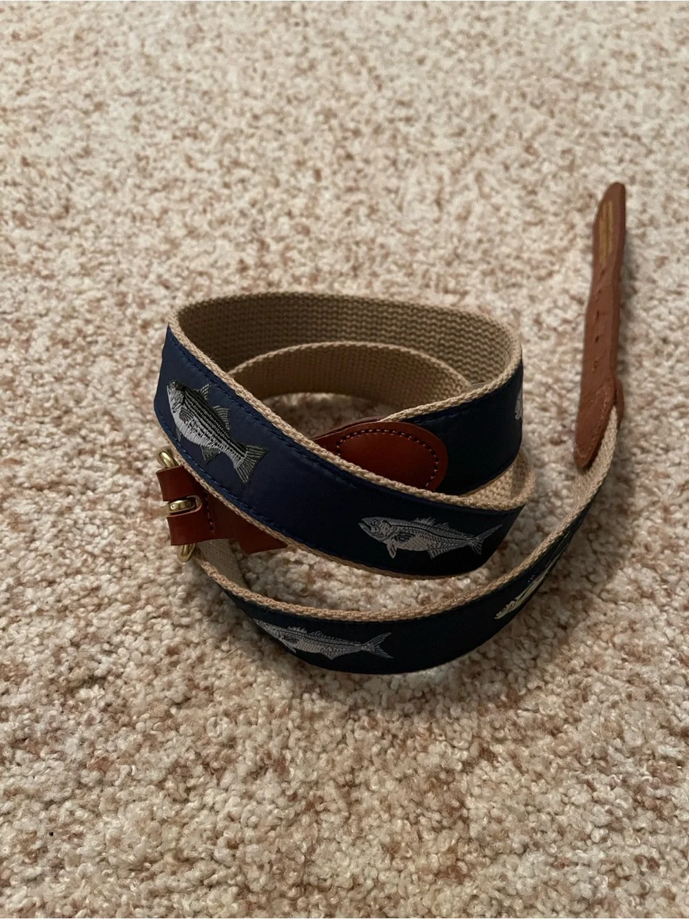 Men's Navy Woven Fish Embroidered Belt with Tan Leather Trim